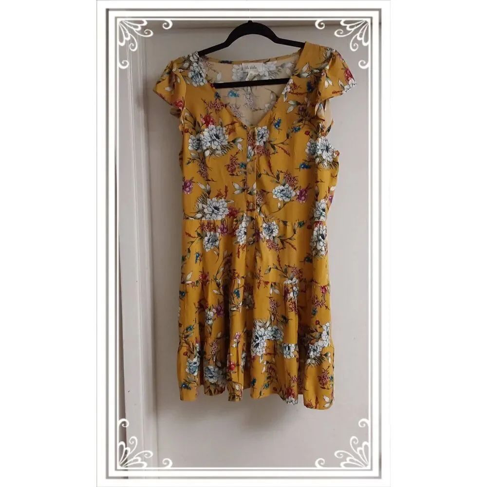 Pretty BLUE DAHLIA Sunflower Yellow & Berry Babydoll Mini Dress Sz Large
